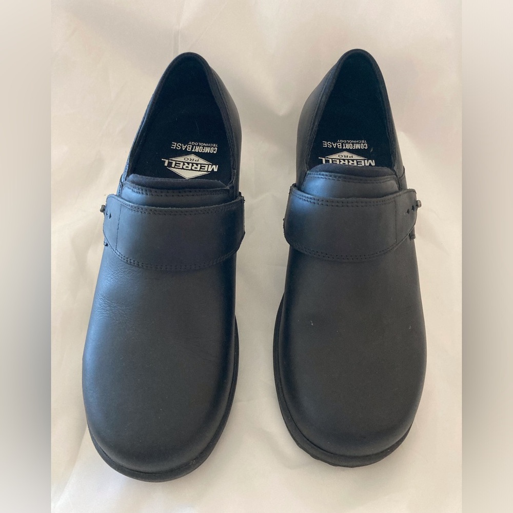 Merrell Pro Comfort Base Valetta Moc AC+ Work Shoes Black Leather Clogs Size 7.5